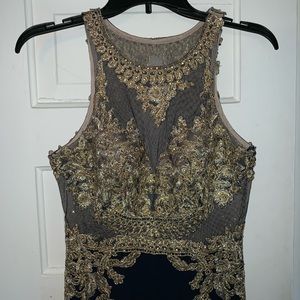 Navy blue and gold prom dress
